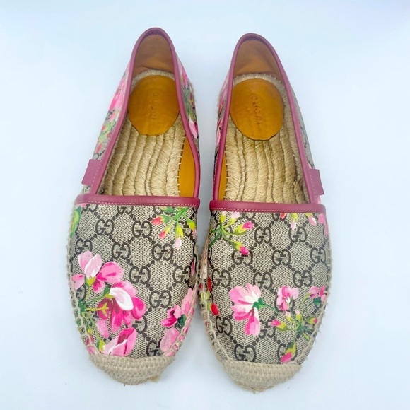 Gucci Shoes Pink Bloom Floral Print Supreme Monogram Canvas Flat Espadrilles 39 - Picture 1 of 10